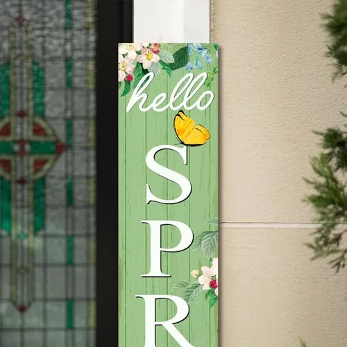 Vista 6 de Letrero de madera con texto en inglés «Hello Spring» para porche de 8 x 48 pulgadas, decoración de flores de mariposa de primavera para colgar
