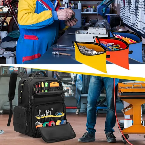 Vista 8 de Mochila de herramientas Rexmica para hombres con 3 bolsas de herramientas, bolsa organizadora de almacenamiento de herramientas resistente