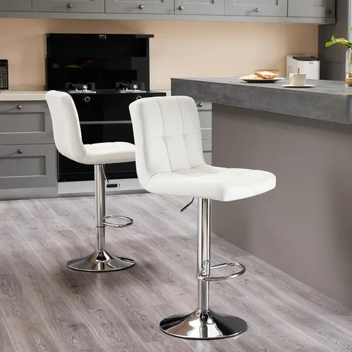 Vista 6 de Sweetcrispy Juego de 2 taburetes de bar de piel sintética ajustables sin brazos, taburetes de bar giratorios hidráulicos para encimera de cocina