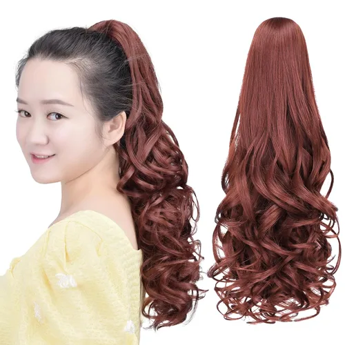 Vista 55 de Cola de caballo con clip, color castaño rojizo, ondulado de 10 pulgadas, extensión de cola de caballo de 3.3 onzas, extensiones de cabello sintético