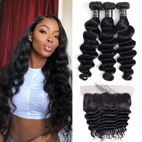 Vista 11 de Mechones de cabello suelto con ondas profundas peruanas con cierre, (16"18"20"+14Cierre) Extensiones de cabello peruano virgen 8A con mechones