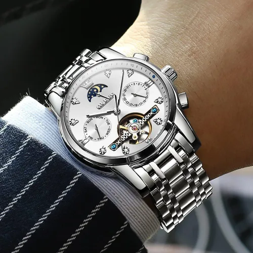 Vista 3 de OLEVS Relojes automáticos para hombre, esqueleto Tourbillon, reloj de pulsera de lujo con diamantes de cuerda automática, acero inoxidable