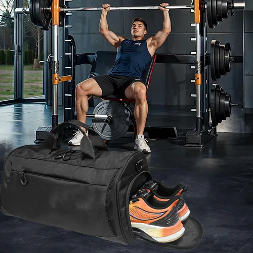 Vista 8 de Bolsa de gimnasio para hombres y mujeres con correa para el hombro, compartimento para zapatos y húmedos, bolsa de lona ligera, bolsa atlética