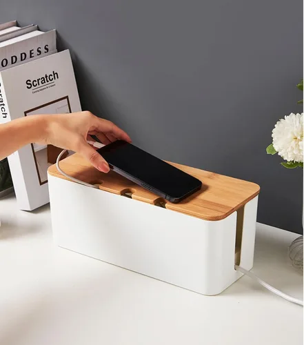 Vista 5 de Caja de organización de cables con tapa de bambú, caja organizadora de cables para ocultar cables y regletas de alimentación, cable de extensión