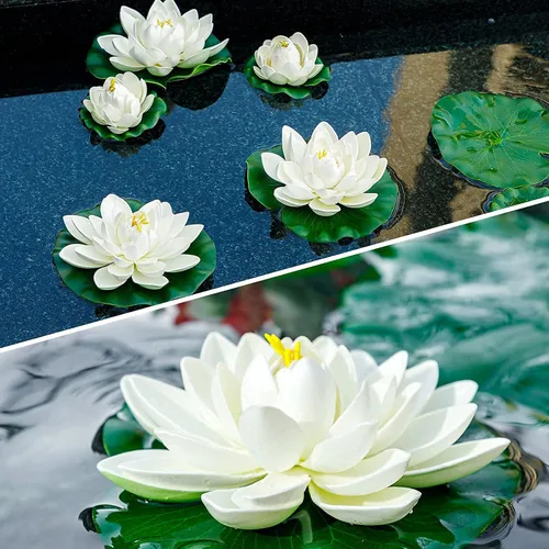 Vista 6 de 16 flores flotantes artificiales para piscina, 7 y 4 pulgadas, almohadillas de lirio de agua falsas, flores de loto, decoraciones flotantes