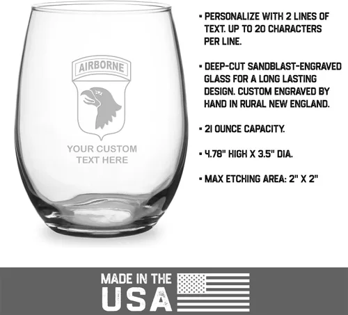 Vista 4 de 7.62 Design 101ª División Aerotransportada del Ejército de los Estados Unidos Grabada 21 oz. Copa de vino personalizada sin tallo