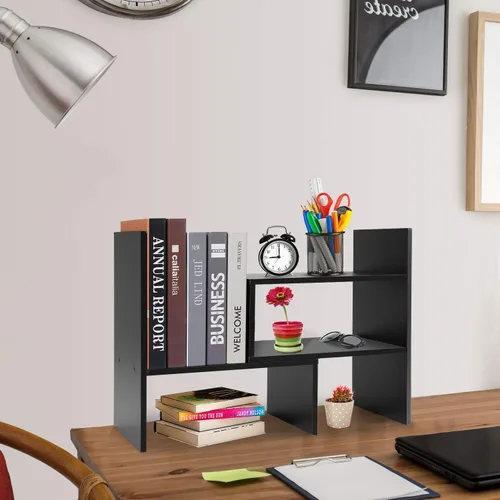 Vista 8 de Hossejoy - Estantería de escritorio ajustable, organizador de almacenamiento de escritorio, estante de exhibición de madera, organizador de Negro