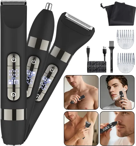 Vista 2 de Hatteker Recortadora de pelo corporal multifuncional 4 en 1 para hombres, IPX7 impermeable para ingle y cuerpo, afeitadora eléctrica recargable