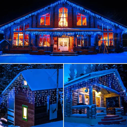 Vista 2 de Luces de carámbano de Navidad con control remoto, 300 luces LED solares para cortina Azul blanco