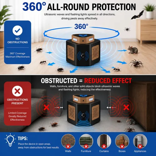 Vista 4 de Tirgo Repelente de ratones, enchufe ultrasónico, repelente de plagas ultrasónico para interiores, repelente ultrasónico de roedores de 360° con 4