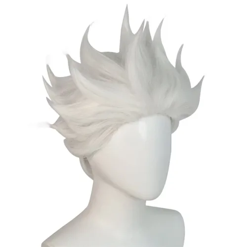 Vista 3 de KiyaCos Pelucas cortas de bruja de mar blanca para cosplay, estilo puntiagudo, para mujeres y hombres, pelucas de disfraz de fiesta de Halloween