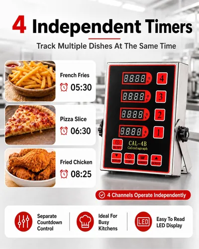 Vista 2 de Temporizador de cocina digital comercial de 4 canales, temporizador de cálculo de acero inoxidable con alarma fuerte para restaurante, recordatorio