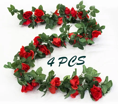 Vista 10 de Paquete de 2 guirnaldas de rosas artificiales de vid de rosas falsas, plantas y vides, decoración de hojas florales para decoración de bodas
