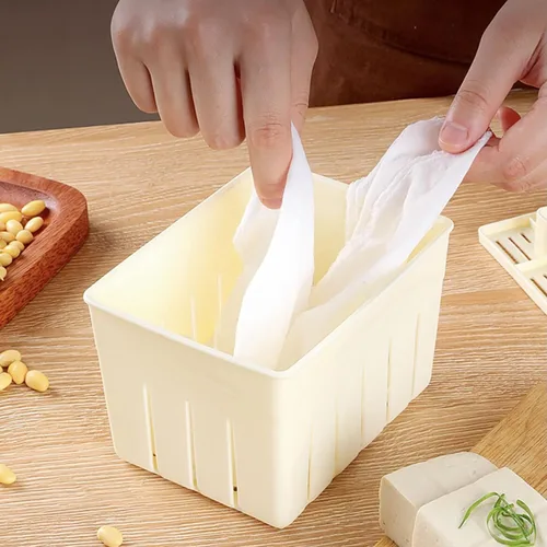Vista 3 de juego de molde con prensa para hacer tofu y tela para prensar queso de soja.