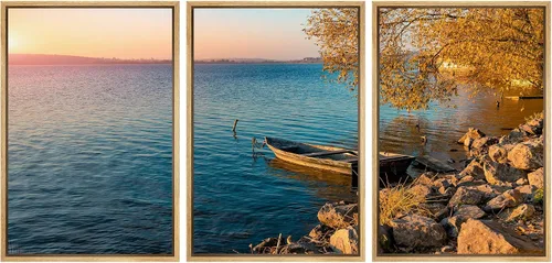 Vista 8 de wall26 Lienzo enmarcado para pared, juego de arte de puesta de sol junto al lago, escena tranquila junto al agua, fotografía, realismo, paisaje