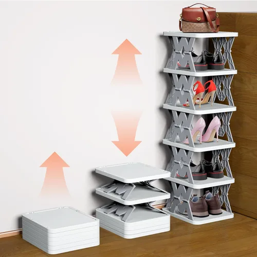 Vista 7 de Zapatero de 6 niveles, organizador de zapatos con patrón de madera falsa, almacenamiento de zapatos pequeño plegable que ahorra espacio, organizador