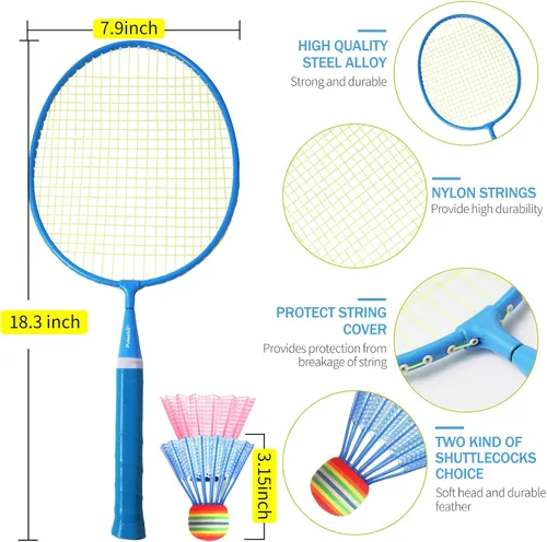 Vista 4 de Raqueta de bádminton para niños, juguetes deportivos de raqueta al aire libre para niños con volantes, juego de bádminton para niños y adultos