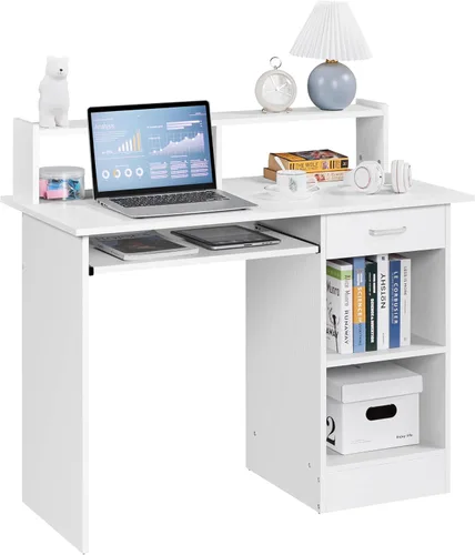 Vista 10 de Yaheetech Escritorio de Computadora de Madera para Casa y Oficina con Cajones y Bandeja Extraíble para Teclado, Escritorio de Estudio y Escritura