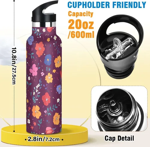 Vista 2 de Flowers Carnation Iris Peonies - Botella de agua reutilizable con aislamiento de doble pared con tapa de pajilla, sin BPA, a prueba de fugas