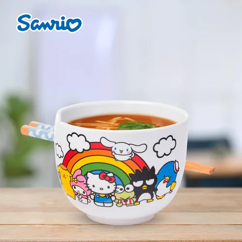 Vista 110 de Silver Buffalo Hello Kitty y sus amigos Chococat - Tazón de cerámica para ramen y arroz con palillos, patrón a cuadros, apto para microondas, 20