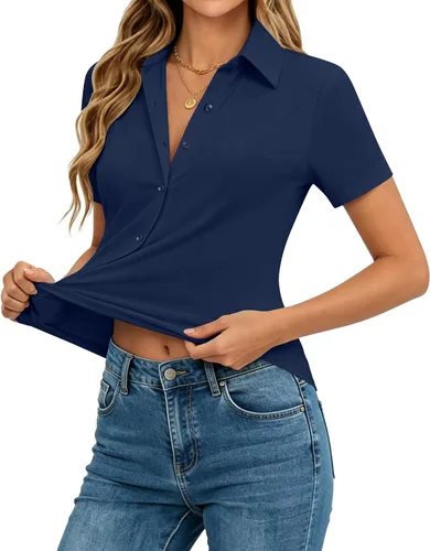 Vista 13 de siliteelon Camisas de manga corta con botones para mujer, camisas de vestir elásticas en 4 direcciones, blusa de trabajo ajustada