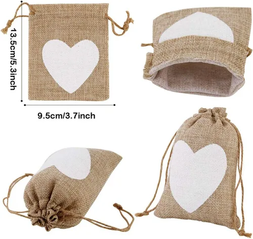 Vista 7 de Shallylu 50 bolsas de regalo de arpillera con cordón, bolsas de lino con cordón de arpillera, bolsas de joyería para bodas, cumpleaños, Navidad