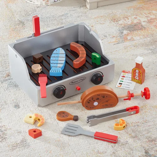 Vista 9 de Melissa & Doug Juego de Comida de Juguete de Barbacoa de Madera con Asador y Parrilla (24 piezas)