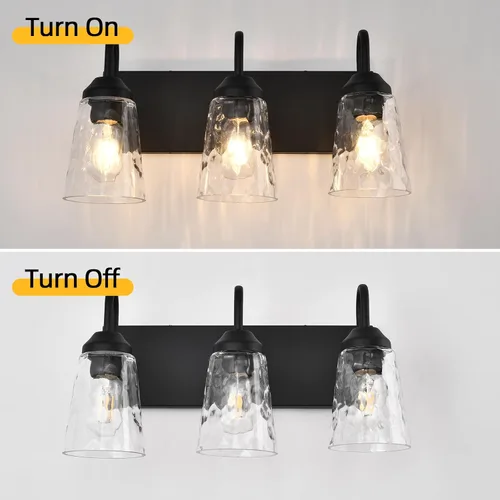 Vista 7 de Lámpara de baño de 3 luces, luces costeras con pantalla de cristal de cristal, lámpara de pared negra para espejo de cocina, pasillo, dormitorio