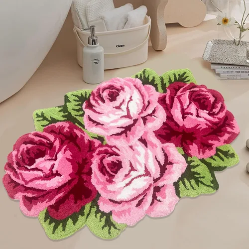 Vista 31 de USTIDE Bonita alfombra de baño de rosas para baño, alfombra de baño naranja de lujo, antideslizante, con forma de flor, alfombra de ducha de felpa