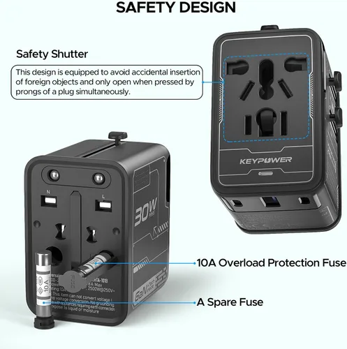 Vista 7 de Adaptador de viaje universal de 30 W GaN, KEY POWER Adaptador de corriente internacional todo en uno con 2 USB-C y 1 USB-A, convertidor de enchufe