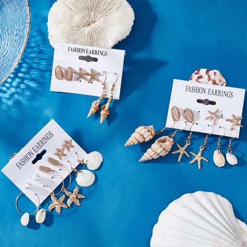 Vista 4 de PH PandaHall 14 pares de aretes de concha de estrella de mar, aretes de aro de conchas marinas, aretes de sirena para disfraz de sirena, aretes