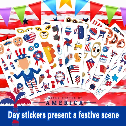 Vista 3 de 4th of July Independence Day Make-a-face Stickers Patriotic Crafts Stickers for Kids, Make Your Own Sticker, Fourth of July American