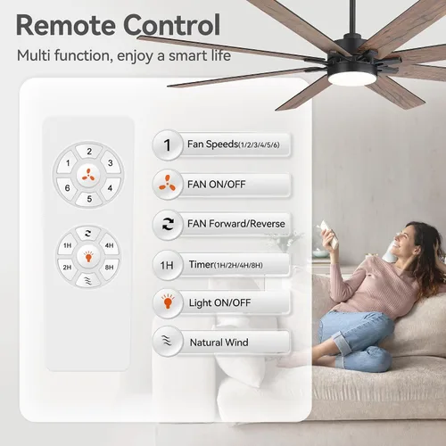 Vista 7 de Ventiladores de techo de 72 pulgadas con control remoto de luces LED, 8 aspas industriales de doble color, ventilador de techo grande con motor