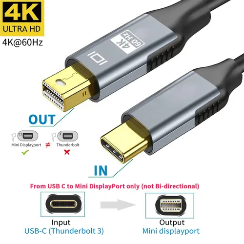 Vista 5 de YMY Cable USB C (la fuente) a Mini Displayport, 4K 60Hz 6 pies USB tipo C (Thunderbolt 3) a Mini DP de conversión de video, compatible con modo