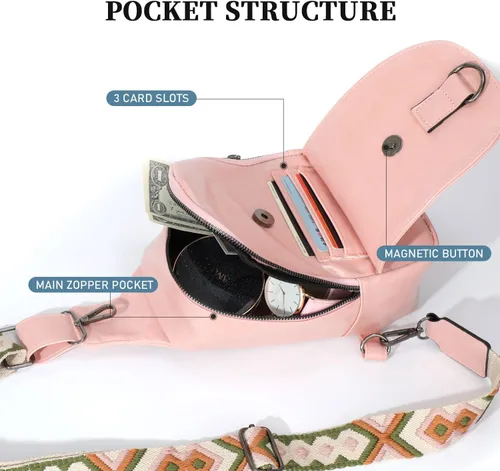 Vista 4 de Riñonera pequeña para mujer, de piel sintética, bolsa cruzada, bolsa de pecho, bolsa de hombro para mujer, viajes, ciclismo, Rosa (F-Pink)