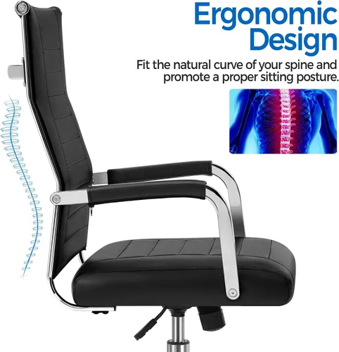 Vista 7 de Yaheetech - Silla de oficina giratoria de piel sintética acanalada, color negro Ribbed PU leather back on a chrome frame fits home offices and
