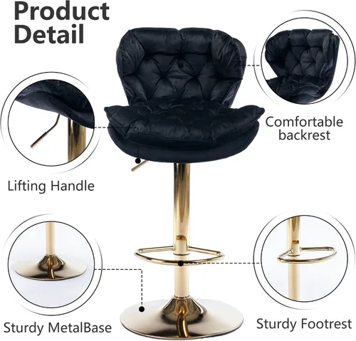 Vista 4 de Juego de 2 taburetes de bar giratorios de terciopelo de 360°, modernos taburetes giratorios de altura ajustable con respaldo y base de metal dorado