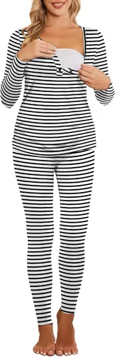 Vista 2 de Ekouaer Pijama de lactancia de maternidad para parto, pijama de manga larga, conjunto de ropa interior térmica