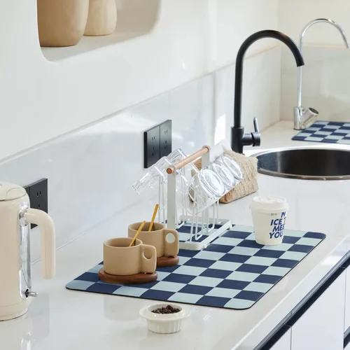 Vista 12 de Ohocut Tapete de secado de platos a cuadros para encimera de cocina, accesorios de estación de cafetería, estética, retro, moderna, absorbente