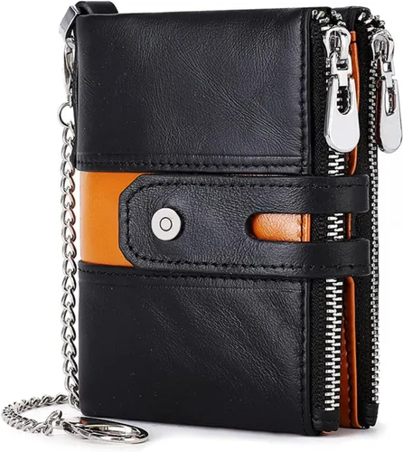 Vista 11 de boshiho Carteras de cuero auténtico con bloqueo RFID para hombre, billetera de doble pliegue con bolsillo para monedas con cremallera, con cadena