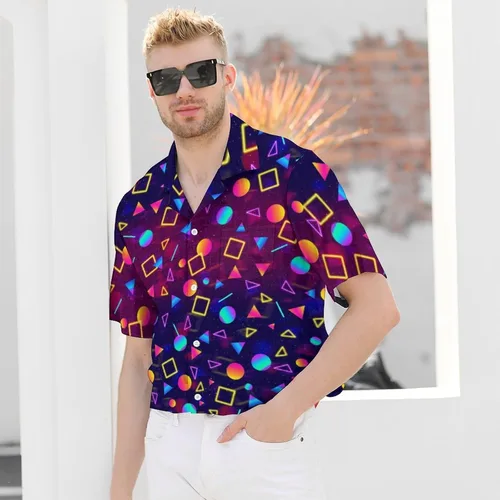 Vista 3 de Lxopogk Camisa hawaiana para hombre, camisas de neón con estampado casual de manga corta con botones, camisas de verano y playa tropical Aloha