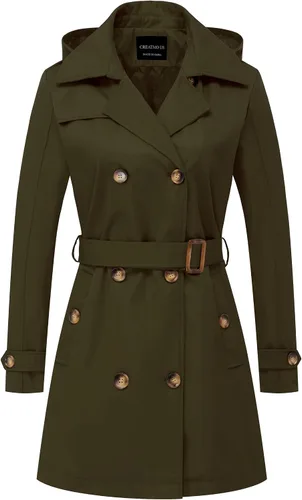 Vista 17 de CREATMO US Gabardina para mujer con doble botonadura clásica con solapa, con cinturón y capucha desmontable Albaricoque