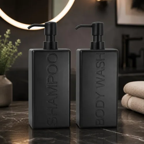 Vista 11 de Dispensador rectangular de resina para baño, champú y acondicionador de baño, botella de lavado corporal, diseño moderno de bomba recargable Gris