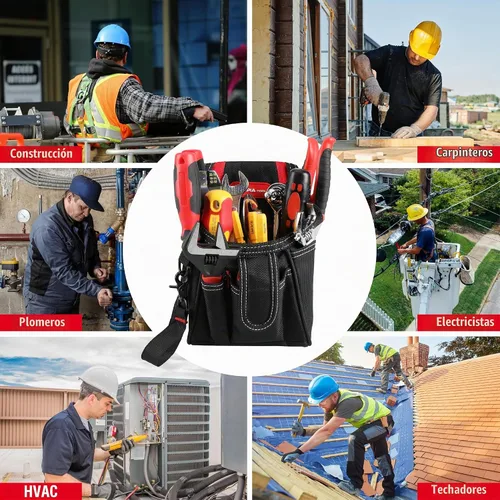 Vista 2 de Olympia Tools Bolsa de herramientas de 7 bolsillos con clip para cinturón, negro y rojo