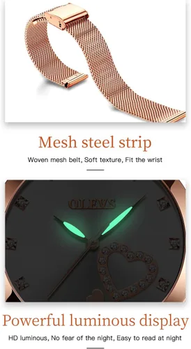 Vista 7 de OLEVS Relojes de pulsera clásicos de oro rosa para mujer, juego de regalos con pulsera con forma de corazón de diamante, reloj analógico de cuarzo