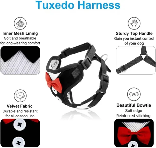 Vista 3 de Bark Lover Arnés para cachorro pequeño con corbatín, chaleco ajustable de malla para perros pequeños, gatitos, perfecto para fiestas, bodas y Negro