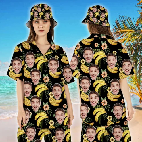 Vista 2 de The Mighty Myth Personalized Custom Face Tropical Unisex Hawaiian Shirt and Shorts Set with Bucket Hat S-5XL