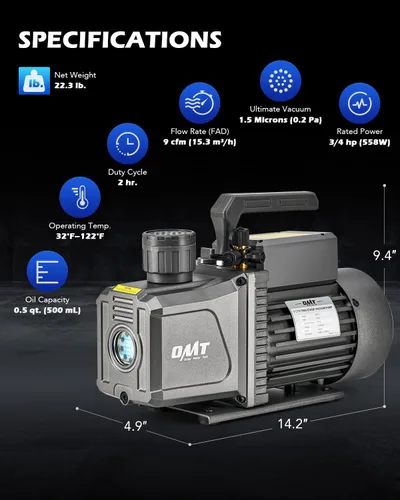 Vista 2 de Orion Motor Tech - Bomba de vacío de 2 etapas, bomba de vacío de paletas rotativas HVAC de 9 cfm 3/4 hp con vacío definitivo de 1.5 micrones, bomba