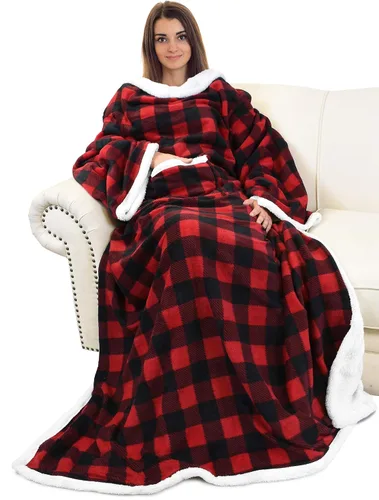 Vista 17 de Catalonia - Manta de forro polar tipo sherpa con mangas, súper suave, cálida y cómoda, de gran tamaño, de forro polar y microplush, con mangas