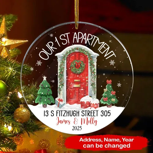 Vista 2 de Adorno personalizado de nuestro primer apartamento, con nombre y dirección personalizados, acrílico, 2.90 x 2.90 pulgadas, adornos de regalo